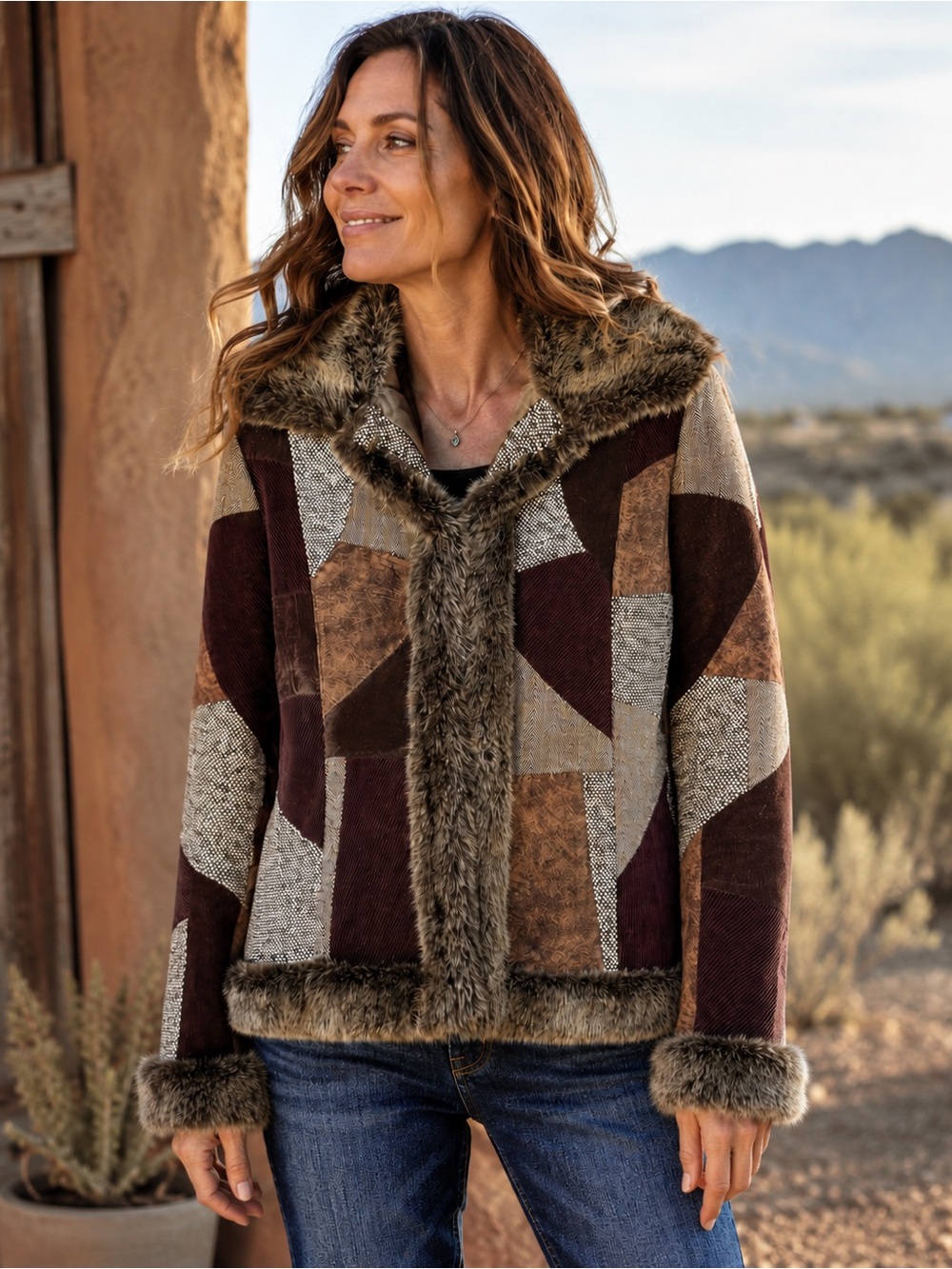 Tribeca Studio Patchwork Faux Fur Trim Jacket Women’s Large Boho Winter Jacket